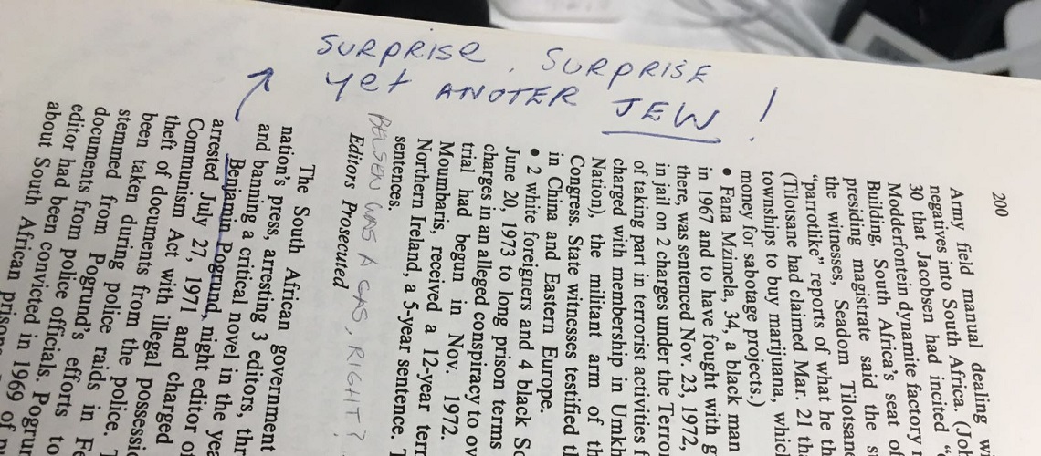 Anti-Semitic comments left in university library book