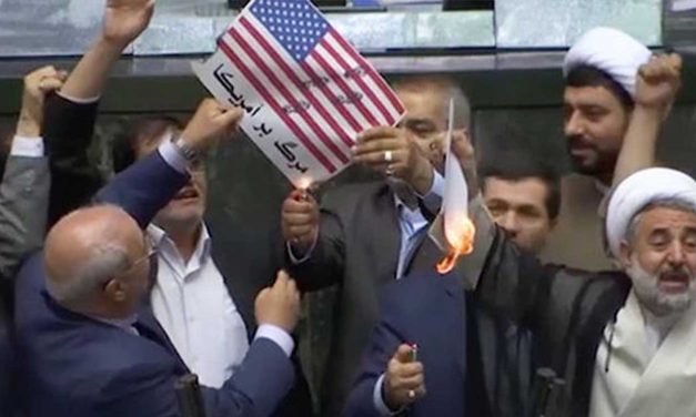 Iranian politicians chant “Death to America” and burn US flag