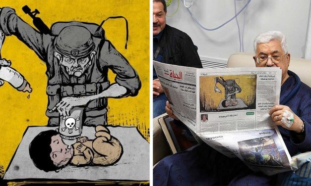 Abbas shown reading newspaper with anti-Semitic cartoon from Palestinian hospital