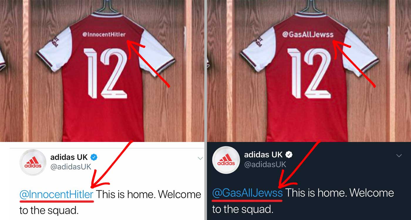 Aanpassen Vochtig halfgeleider Anti-Semitic trolls prank Adidas and Arsenal's football kit promotion
