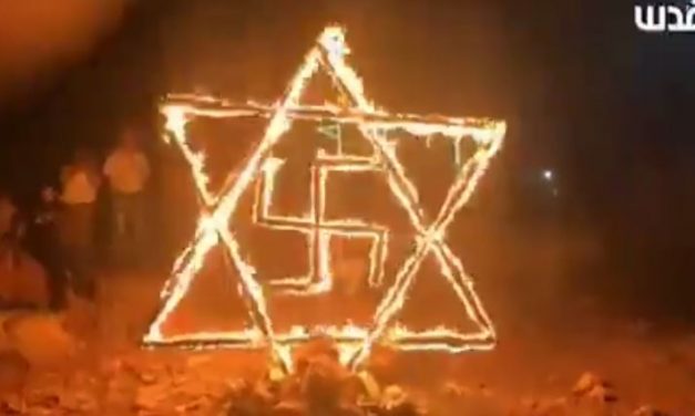 Palestinian protesters burn Star of David and swastika