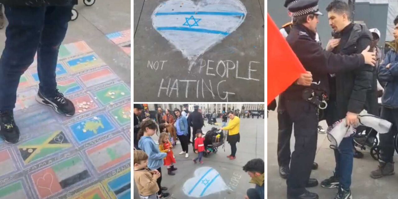 London street artist draws big Israel heart in Trafalgar Square after man wipes out Israeli flag from his display