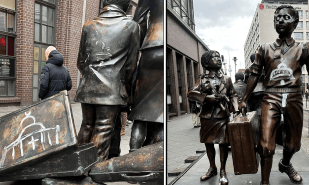 Kindertransport statue vandalised with ‘Dome of the Rock’ graffiti
